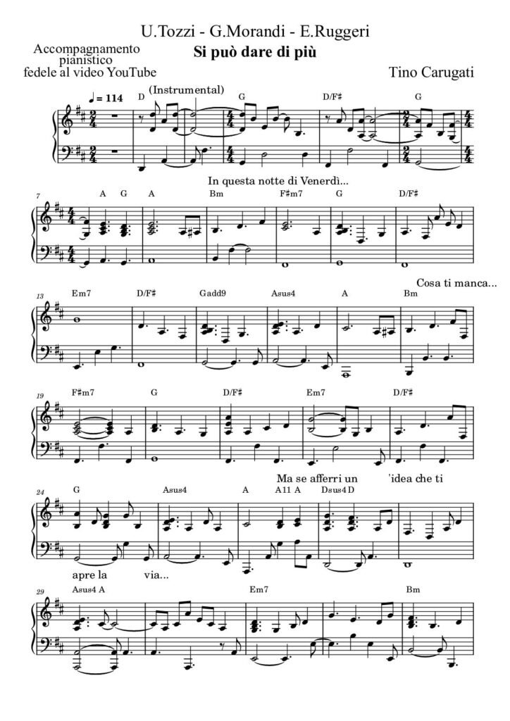 Spartito Pianoforte  "SI PUO' DARE DI PIU'"  Morandi-Tozzi-Ruggeri - Accompagnamento pianistico fedele al video YouTube