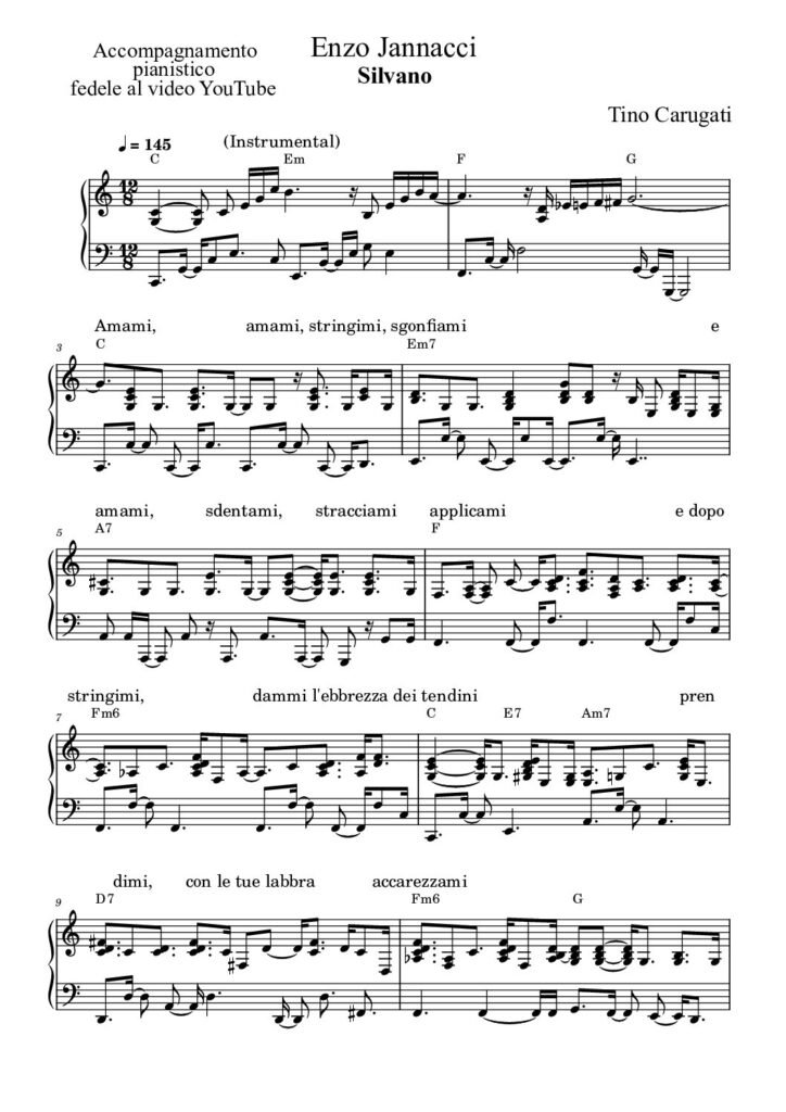Spartito Pianoforte  "SILVANO"  Enzo Jannacci - Accompagnamento pianistico fedele al video YouTube con testo sul pentagramma