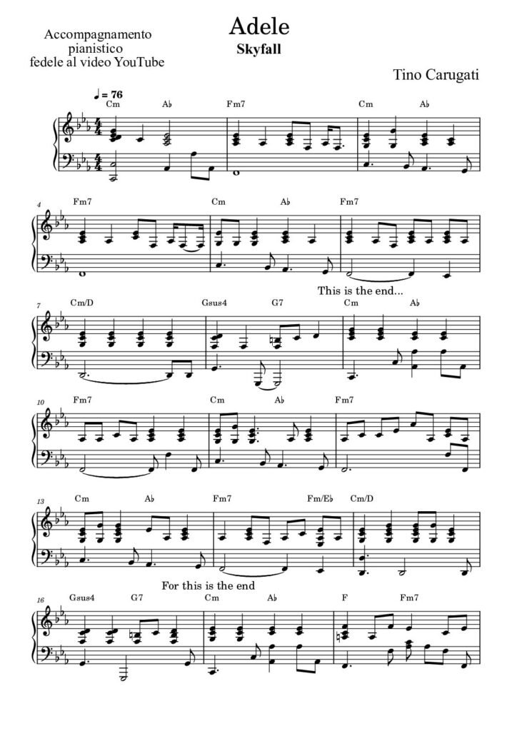 Spartito Pianoforte  "SKYFALL"  Adele - Accompagnamento pianistico fedele al video YouTube