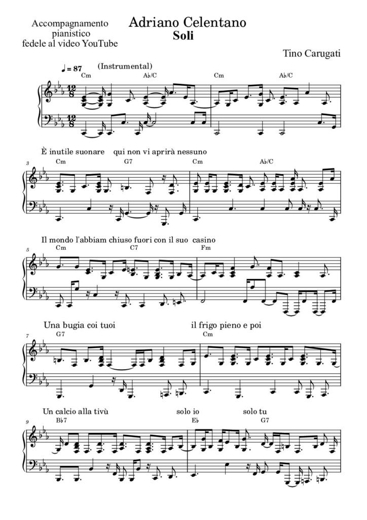 Spartito Pianoforte  "SOLI"  Adriano Celentano - Accompagnamento pianistico fedele al video YouTube e con testo sul pentagramma