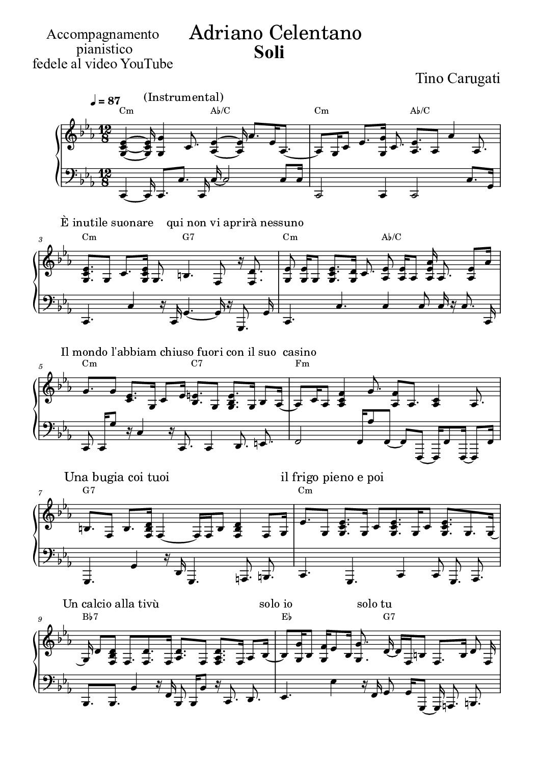 Spartito Pianoforte  "SOLI"  Adriano Celentano - Accompagnamento pianistico fedele al video YouTube e con testo sul pentagramma