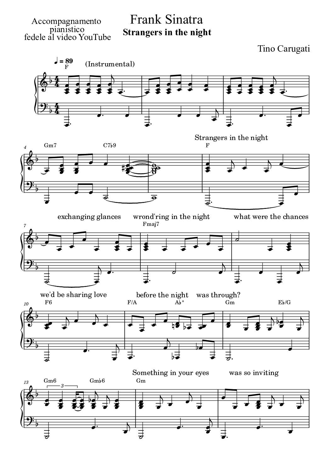 Spartito Pianoforte "STRANGERS IN THE NIGHT" Frank Sinatra - Accompagnamento pianistico fedele al video YouTube con testo sul pentagramma
