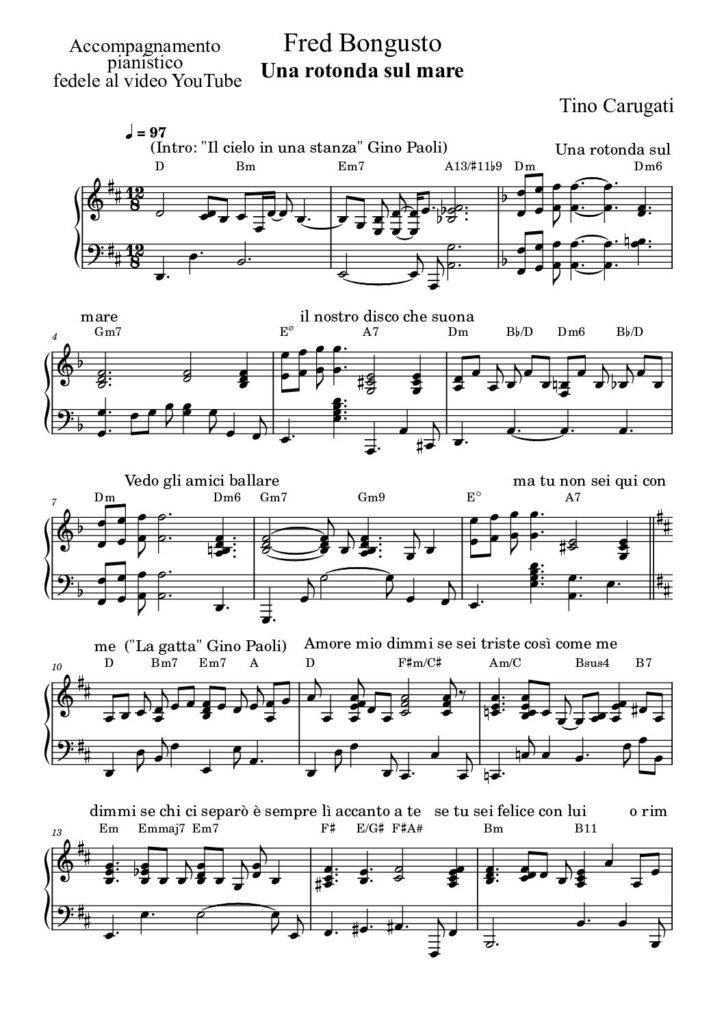 Spartito Pianoforte "UNA ROTONDA SUL MARE'" Fred Bongusto - Accompagnamento pianistico fedele al video YouTube con testo sul pentagramma