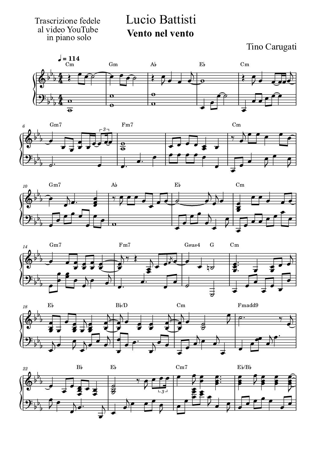 Spartito Pianoforte  " VENTO NEL VENTO "  Lucio Battisti - Piano solo fedele al video YouTube