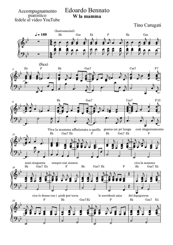 Spartito Pianoforte "W LA MAMMA'" Edoardo Bennato - Accompagnamento pianistico fedele al video YouTube con testo sul pentagramma (manca la parte iniziale, poichè a tempo libero)