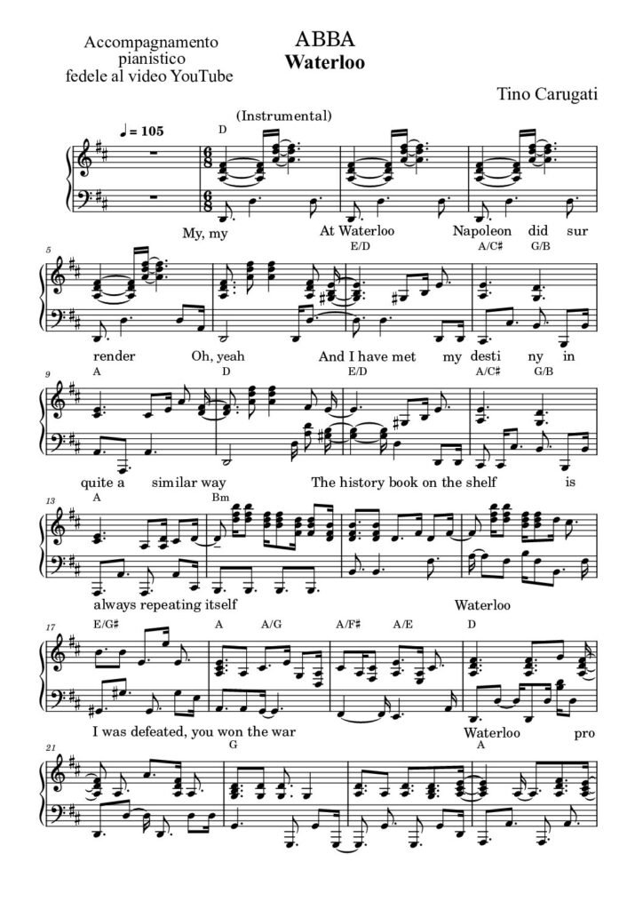 Spartito Pianoforte "WATERLOO" Abba - Accompagnamento pianistico fedele al video YouTube con testo sul pentagramma