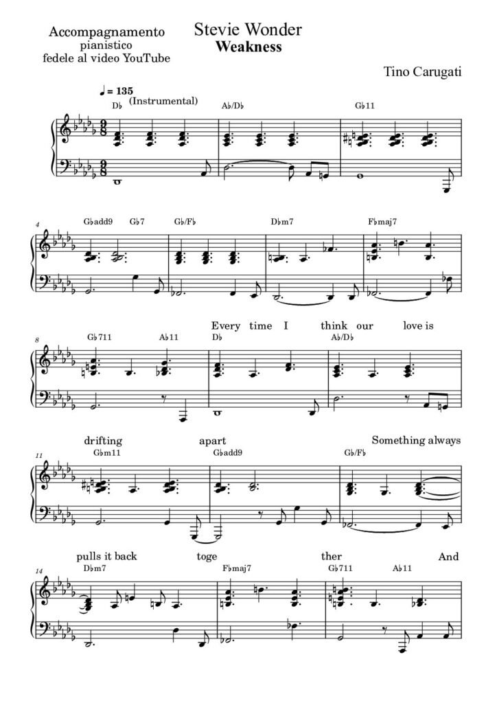 Spartito Pianoforte "WEAKNESS" Stevie Wonder - Accompagnamento pianistico fedele al video YouTube con testo sul pentagramma