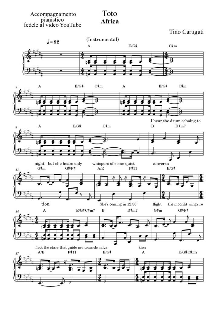 Spartito Pianoforte "AFRICA" Toto - Accompagnamento fedele al video YouTube con testo sul pentagramma