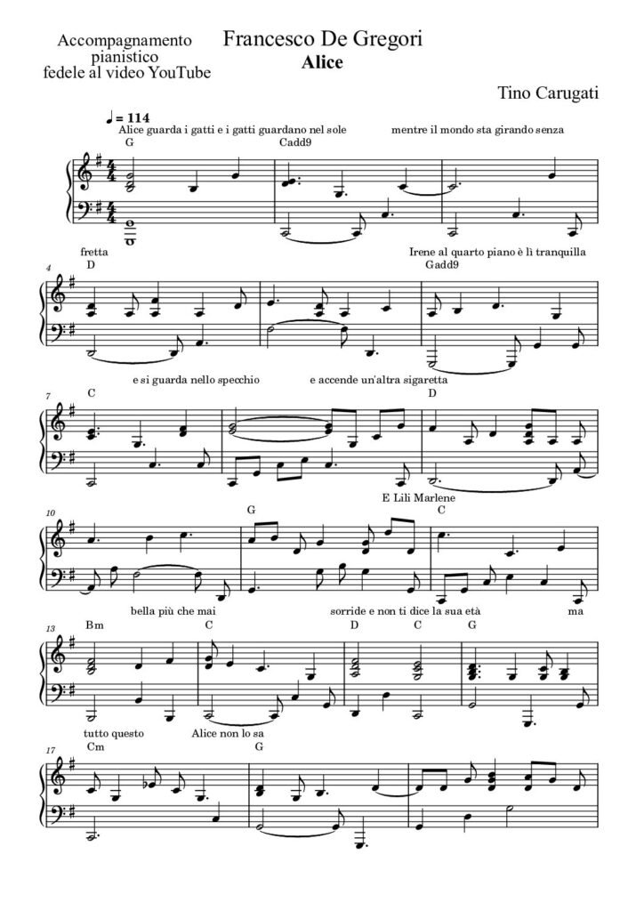 Spartito Pianoforte "ALICE" Francesco De Gregori - Accompagnamento pianistico fedele al video YouTube con testo sul pentagramma