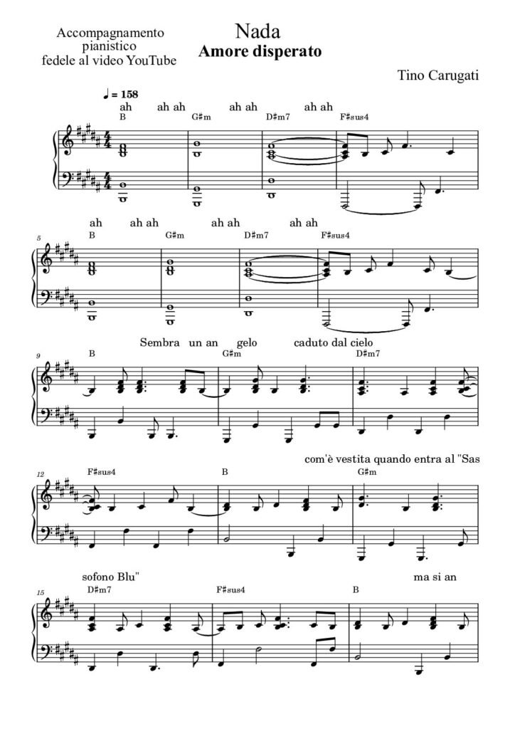 Spartito Pianoforte "AMORE DISPERATO" Nada - Accompagnamento pianistico fedele al video YouTube con testo sul pentagramma