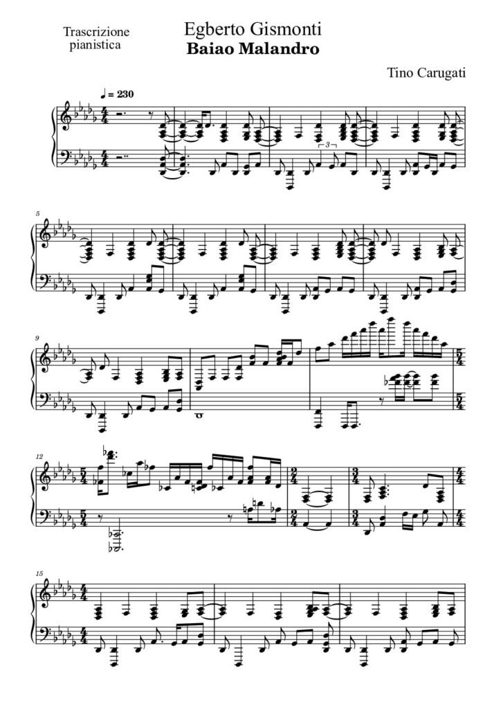 Spartito Pianoforte  " BAIAO MALANDRO"  Egberto Gismonti - Trascrizione fedele al video