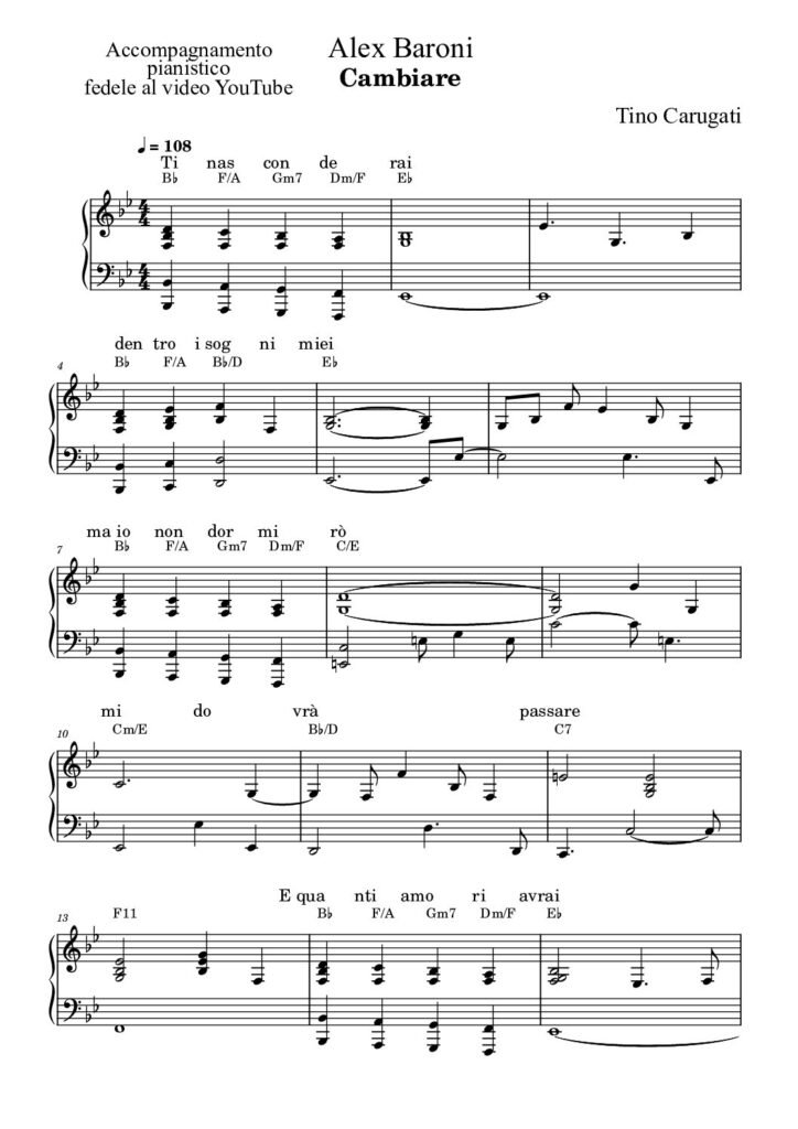 Spartito Pianoforte "CAMBIARE" Alex Baroni - Accompagnamento pianistico fedele al video YouTube e con testo sul pentagramma