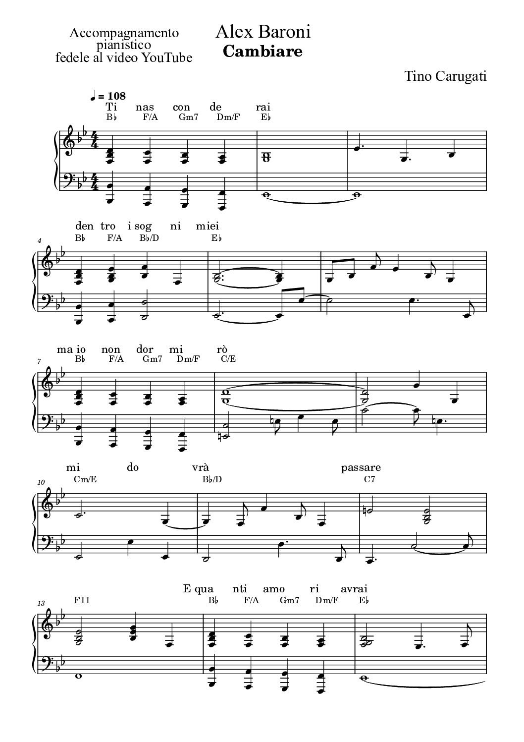 Spartito Pianoforte  "CAMBIARE"  Alex Baroni - Accompagnamento pianistico fedele al video YouTube e con testo sul pentagramma