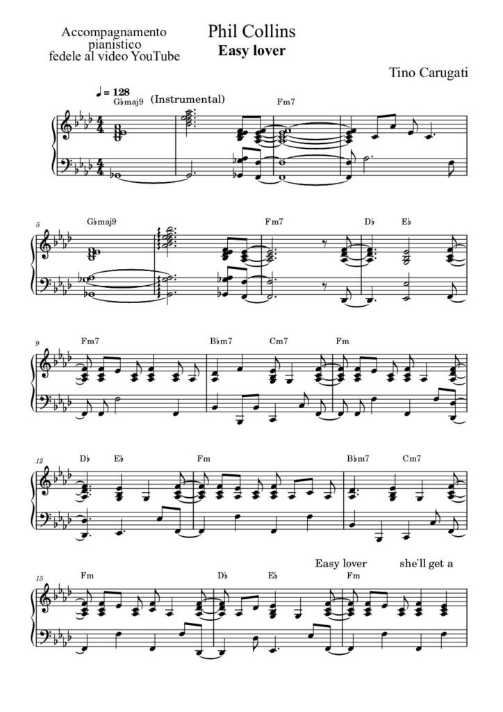 Spartito Pianoforte "EASY LOVER" Phil Collins - Accompagnamento fedele al video YouTube con testo sul pentagramma