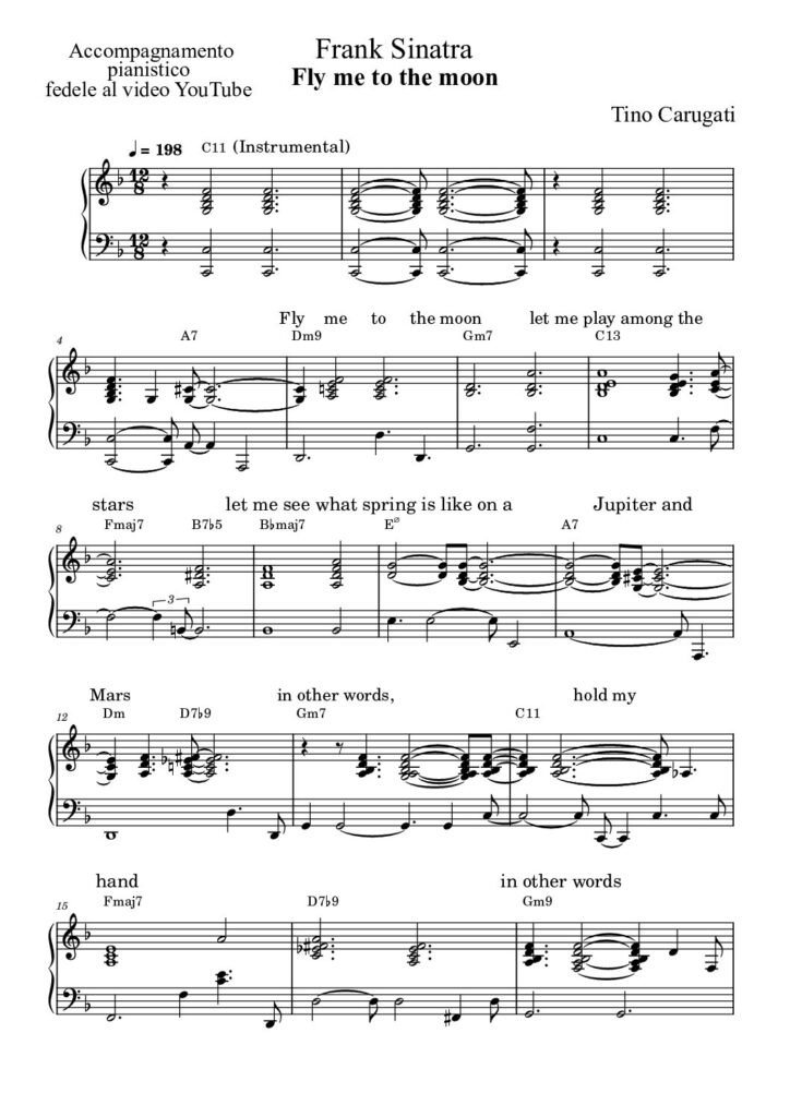Spartito Pianoforte "FLY ME TO THE MOON" Frank Sinatra - Accompagnamento pianistico fedele al video YouTube con testo sul pentagramma