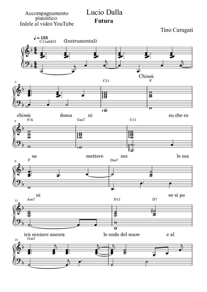 Spartito Pianoforte "FUTURA" Lucio Dalla - Accompagnamento pianistico fedele al video YouTube con testo sul pentagramma (14 pagine!...)