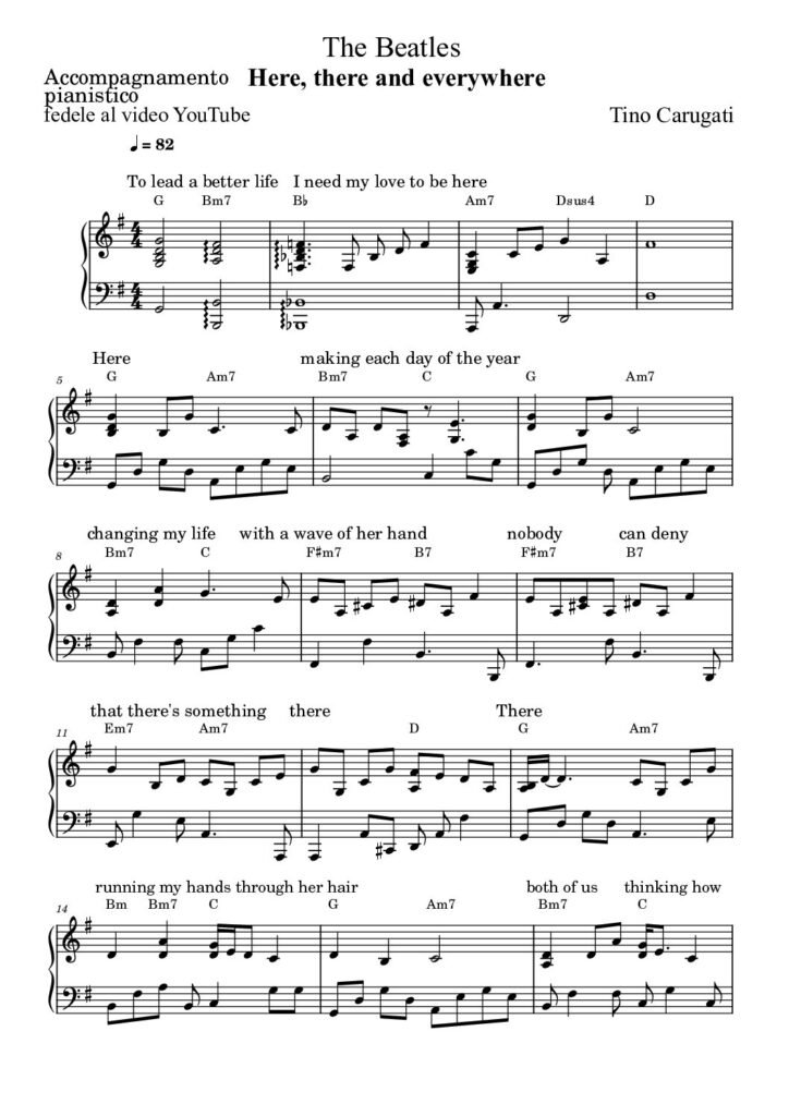 Spartito Pianoforte "HERE, THERE AND EVERYWHERE" The Beatles - Accompagnamento pianistico fedele al video YouTube con testo sul pentagramma