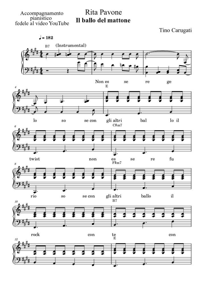 Spartito Pianoforte "IL BALLO DEL MATTONE" Rita Pavone - Accompagnamento pianistico fedele al video YouTube con testo sul pentagramma