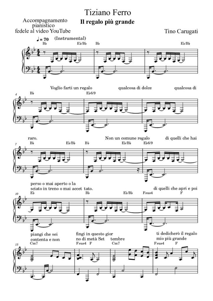 Spartito Pianoforte "IL REGALO PIU' GRANDE" Tiziano Ferro - Accompagnamento pianistico fedele al video YT con testo sul pentagramma