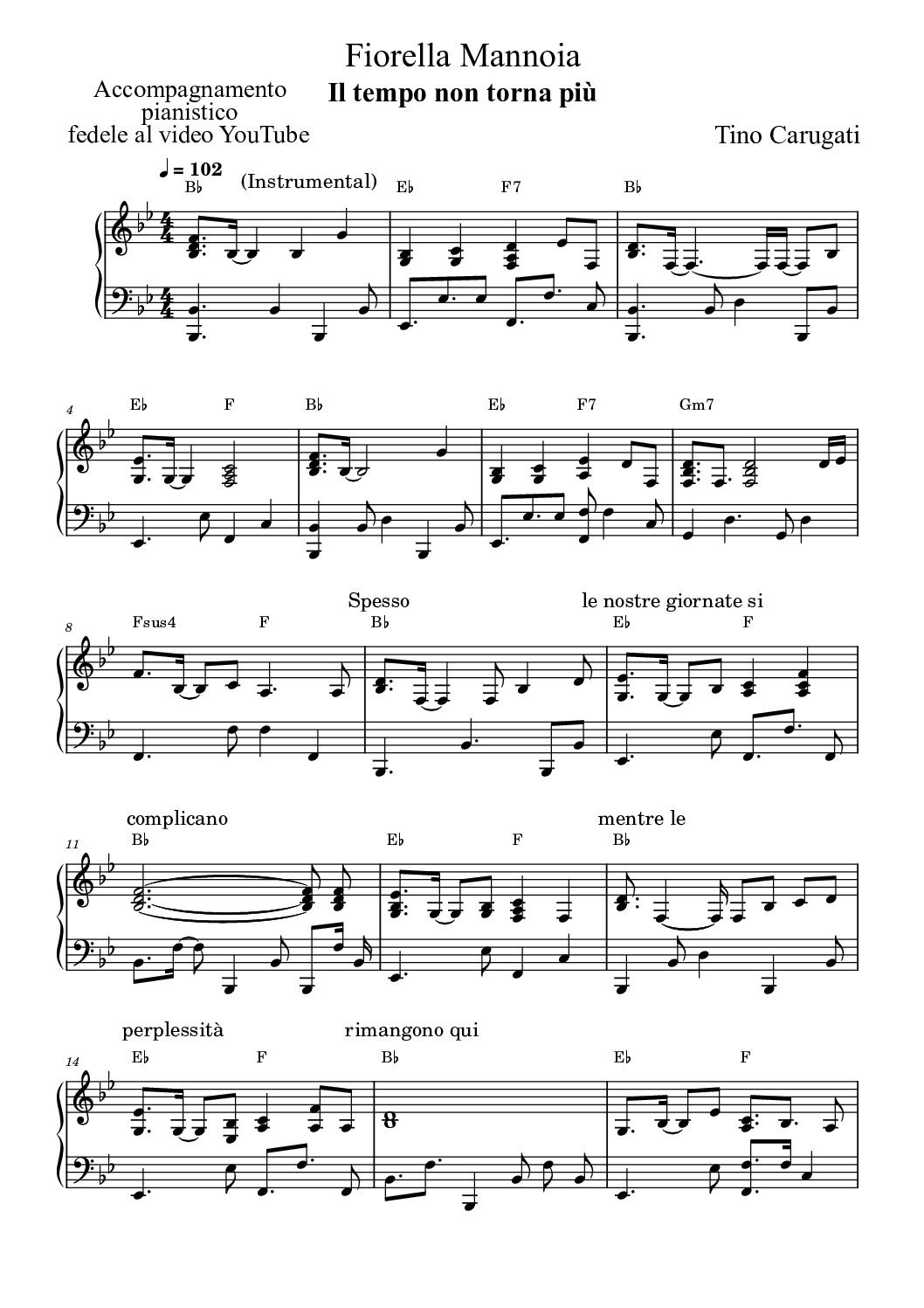 Spartito Pianoforte "IL TEMPO NON TORNA PIU'" Fiorella Mannoia - Accompagnamento pianistico fedele al video YouTube con testo sul pentagramma
