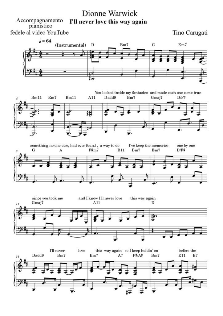 Spartito Pianoforte "I'LL NEVER LOVE THIS WAY AGAIN" Dionne Warwick - Accompagnamento pianistico fedele al video YouTube con testo sul pentagramma