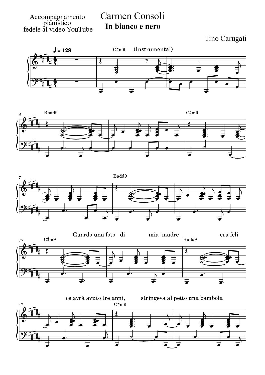 Spartito Pianoforte "IN BIANCO E NERO" Carmen Consoli - Accompagnamento pianistico fedele al video YouTube con testo sul pentagramma