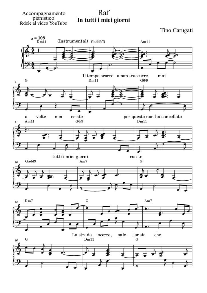 Spartito Pianoforte "IN TUTTI I MIEI GIORNI" Raf - Accompagnamento pianistico fedele al video YouTube con testo sul pentagramma