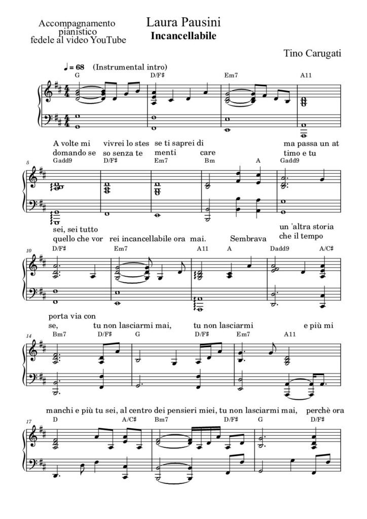 Spartito Pianoforte  " INCANCELLABILE"  Laura Pausini - Accompagnamento pianistico fedele al video YouTube con testo sul pentagramma