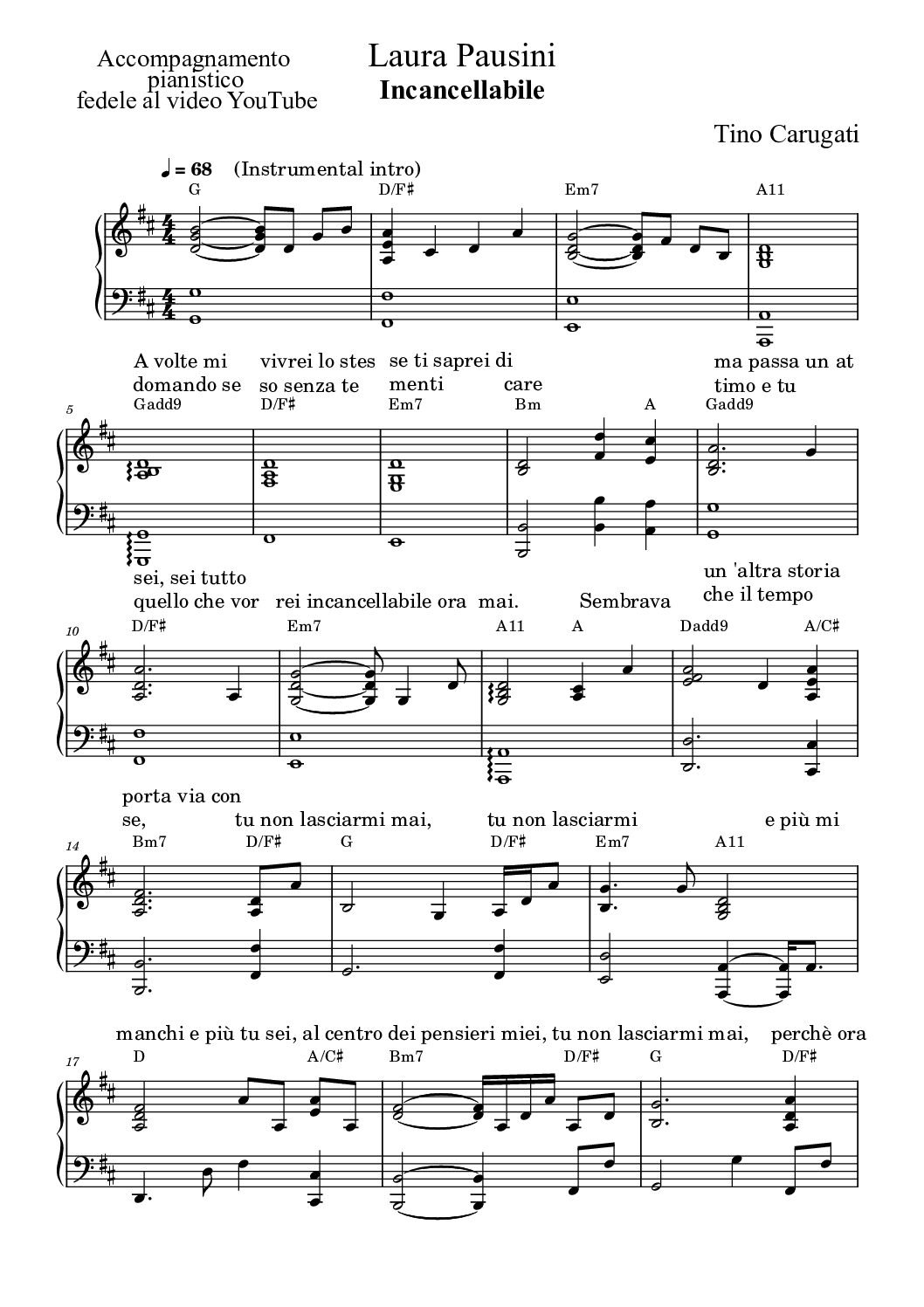 Spartito Pianoforte  " INCANCELLABILE"  Laura Pausini - Accompagnamento pianistico fedele al video YouTube con testo sul pentagramma