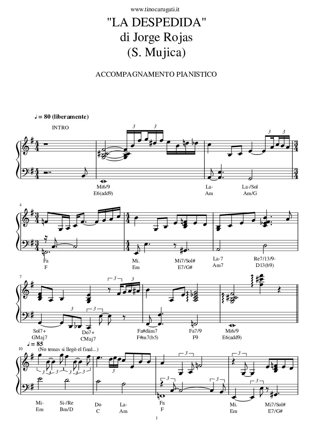 Spartito Pianoforte "LA DESPEDIDA" Jorge Rojas - Accompagnamento pianistico fedele al video YouTube
