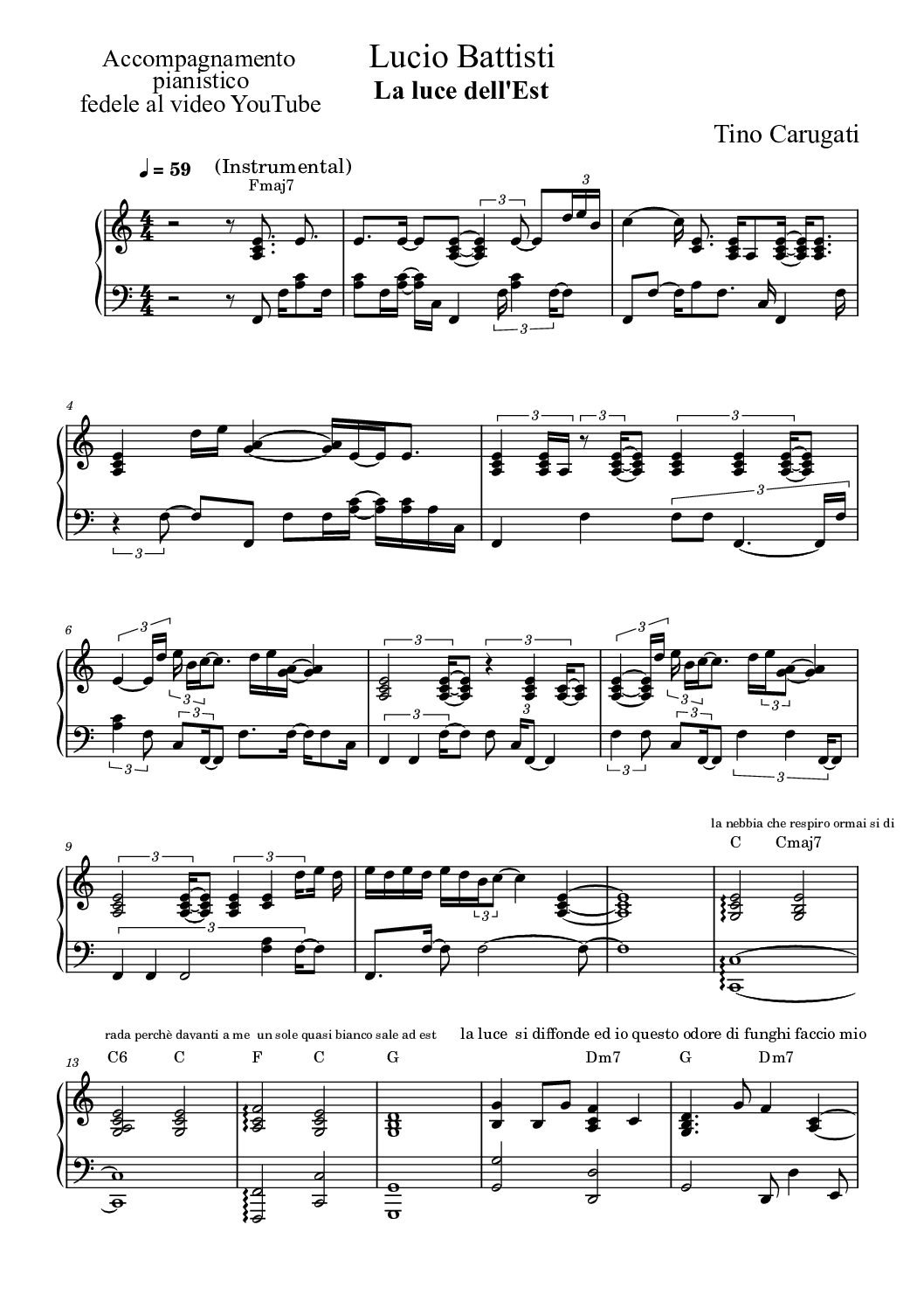 Spartito Pianoforte "LA LUCE DELL'EST" Lucio Battisti - Accompagnamento pianistico fedele al video YouTube con testo sul pentagramma
