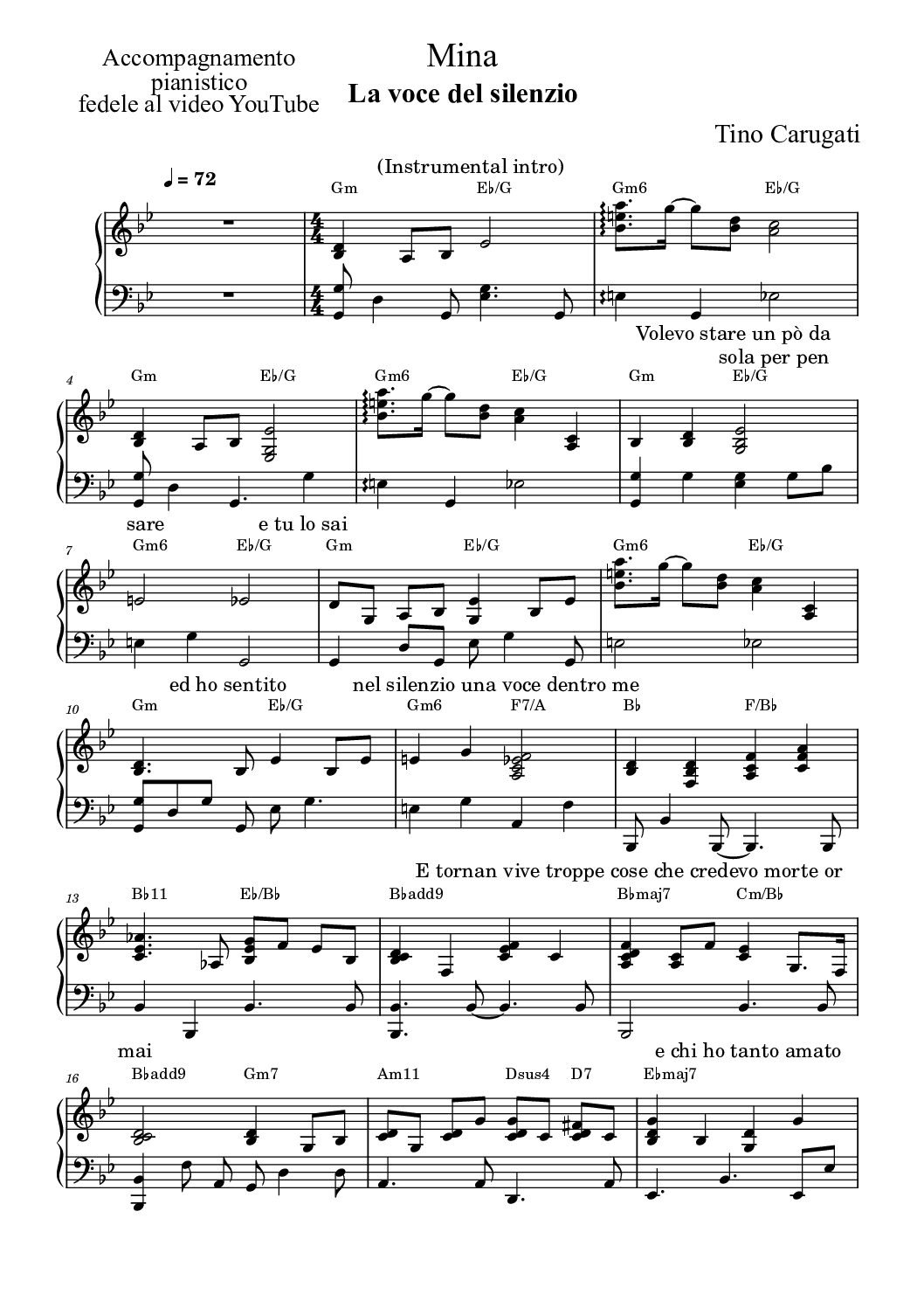 Spartito Pianoforte "LA VOCE DEL SILENZIO" Mina - Accompagnamento pianistico fedele al video YouTube con testo sul pentagramma