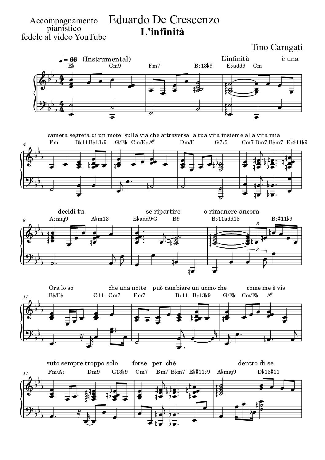 Spartito Pianoforte  "L'INFINITA'"  Eduardo De Crescenzo - Accompagnamento pianistico fedele al video YouTube con testo sul pentagramma