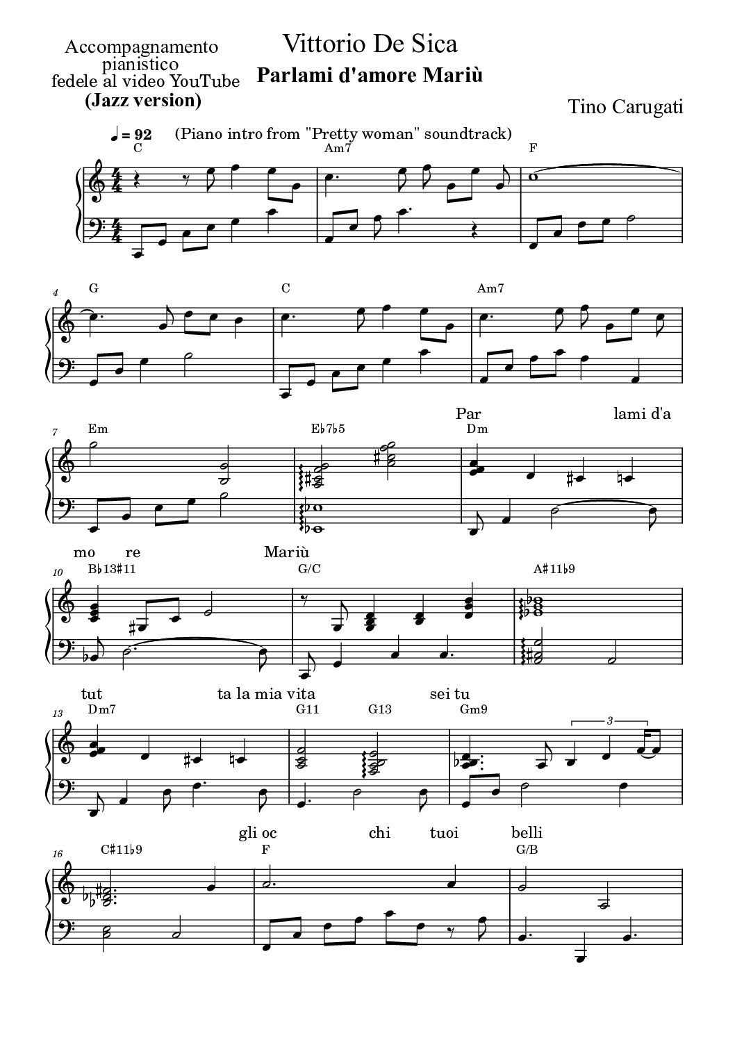 Spartito Pianoforte  "PARLAMI D'AMORE MARIU'"  Vittorio De Sica - (Jazz version) Accompagnamento pianistico fedele al video YouTube con testo sul pentagramma