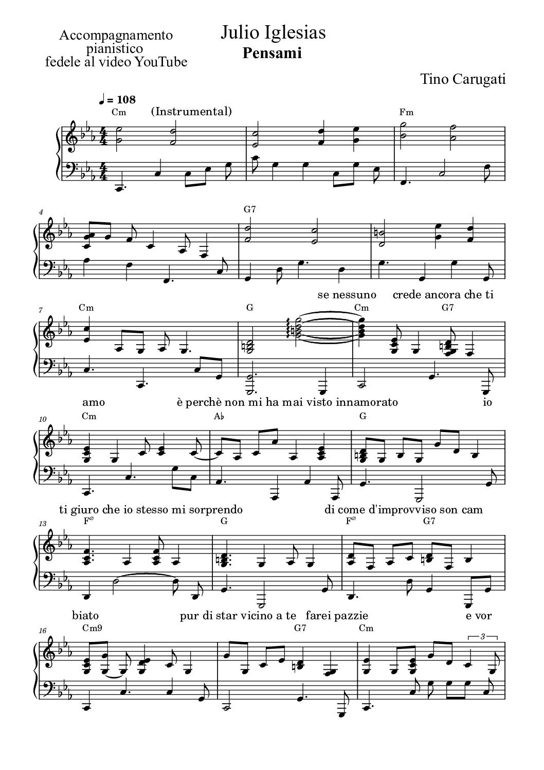 Spartito Pianoforte  "PENSAMI"  Julio Iglesias - Accompagnamento pianistico fedele al video YouTube con testo sul pentagramma