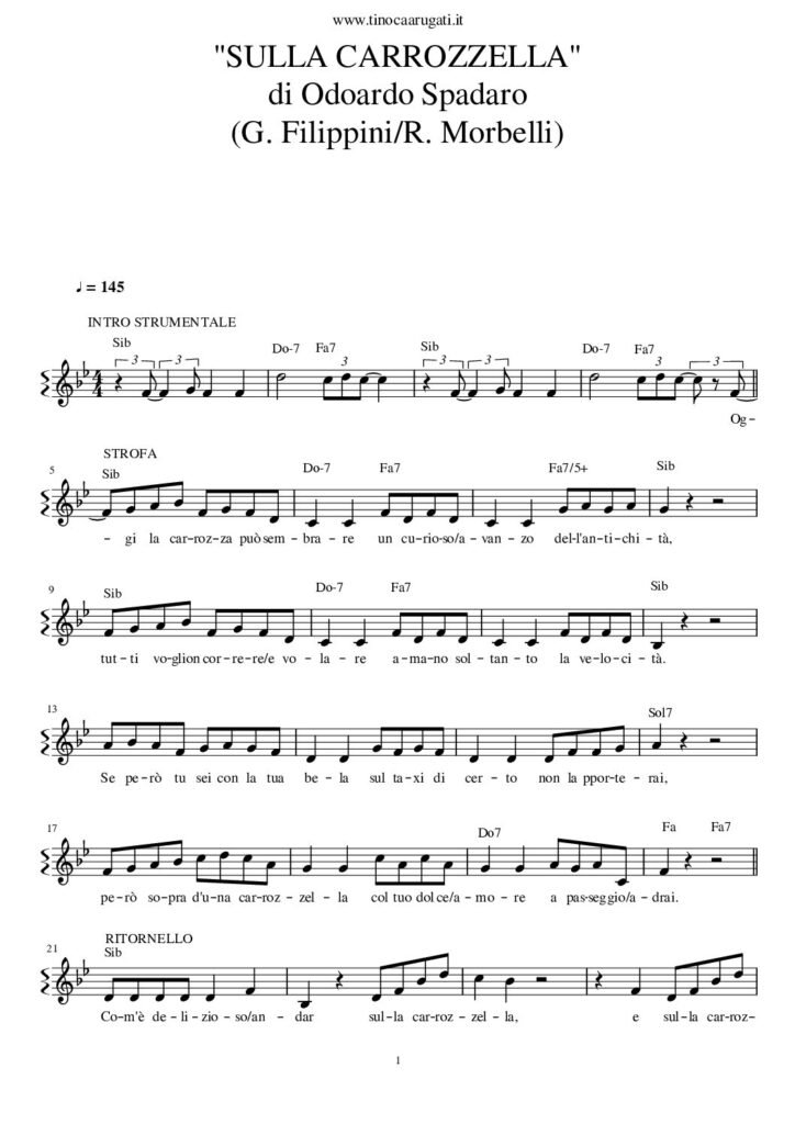 Spartito Pianoforte "SULLA CARROZZELLA" Odoardo Spadaro - Melodia con testo e sigle accordi