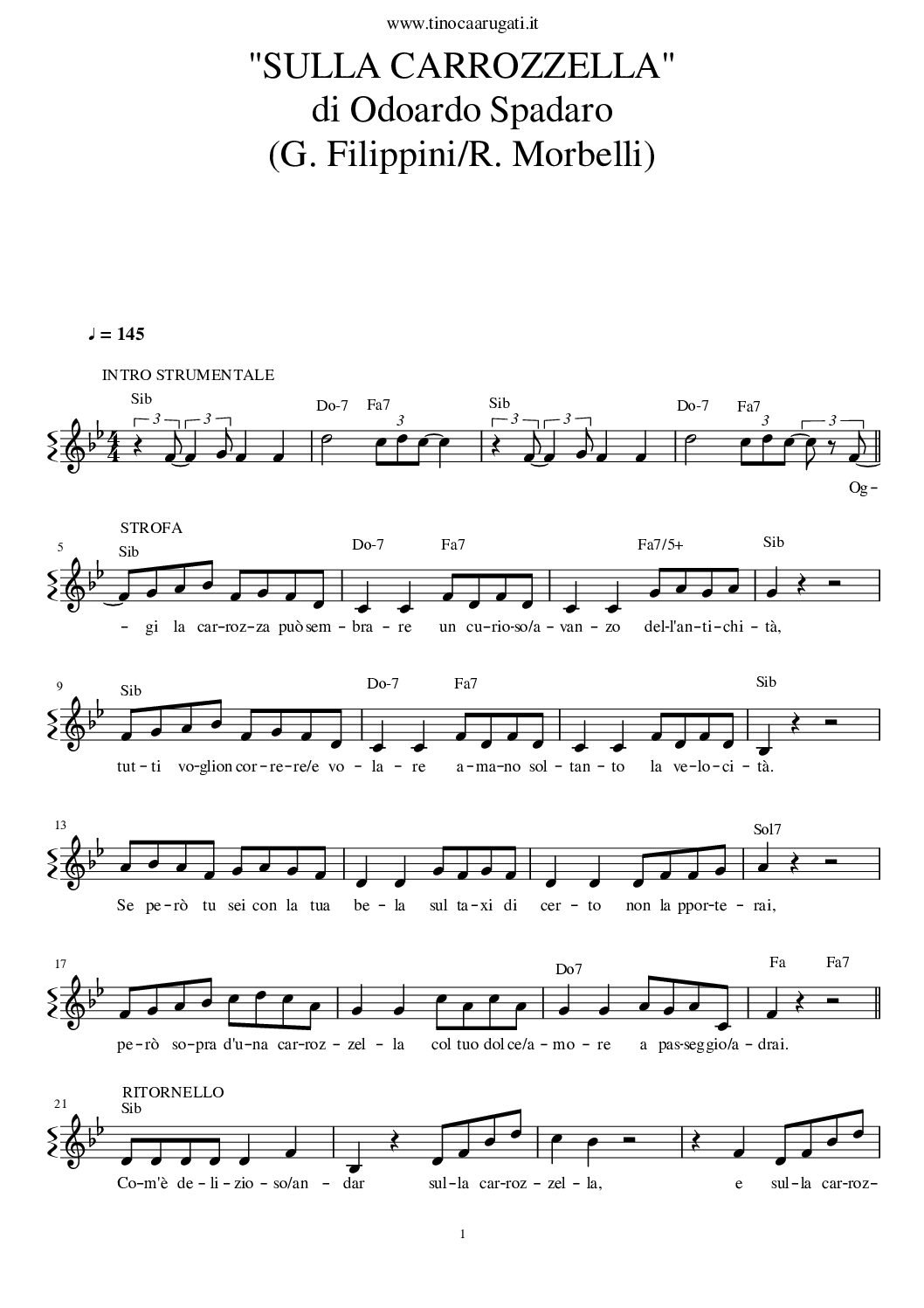 Spartito Pianoforte "SULLA CARROZZELLA" Odoardo Spadaro - Melodia con testo e sigle accordi