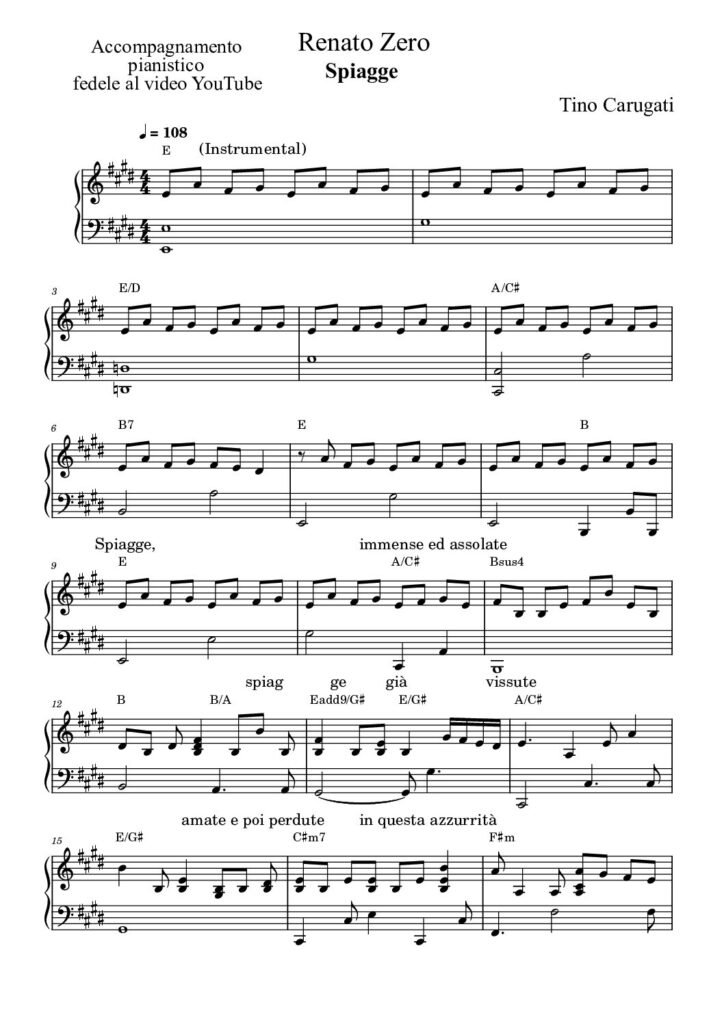 Spartito Pianoforte "SPIAGGE" Renato Zero - Accompagnamento pianistico fedele al video YT con testo sul pentagramma