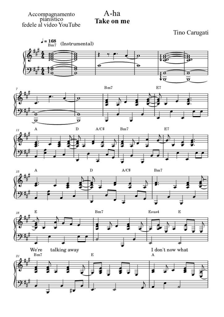 Spartito Pianoforte "TAKE ON ME" A-ha - Accompagnamento pianistico fedele al video YouTube con testo sul pentagramma
