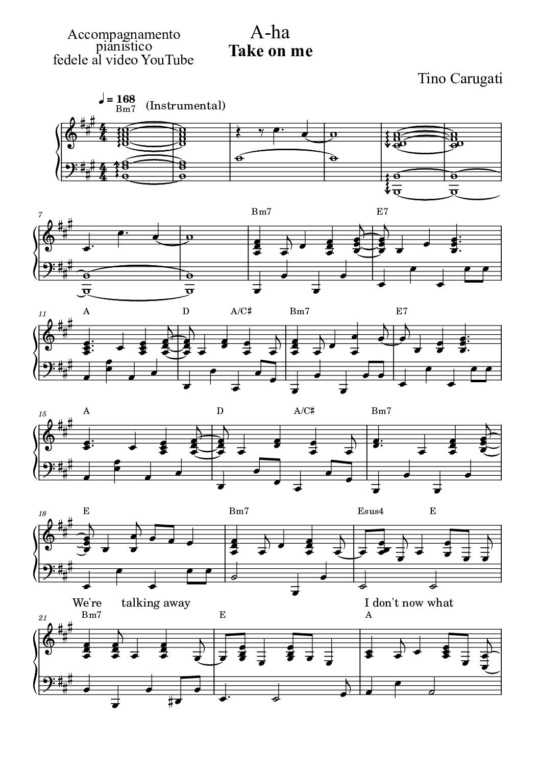 Spartito Pianoforte "TAKE ON ME" A-ha - Accompagnamento pianistico fedele al video YouTube con testo sul pentagramma