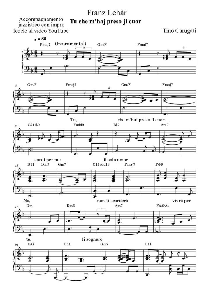Spartito Pianoforte "TU CHE M'HAJ PRESO JL CUOR" Franz Lehar - Accompagnamento Jazzistico con improvvisazione