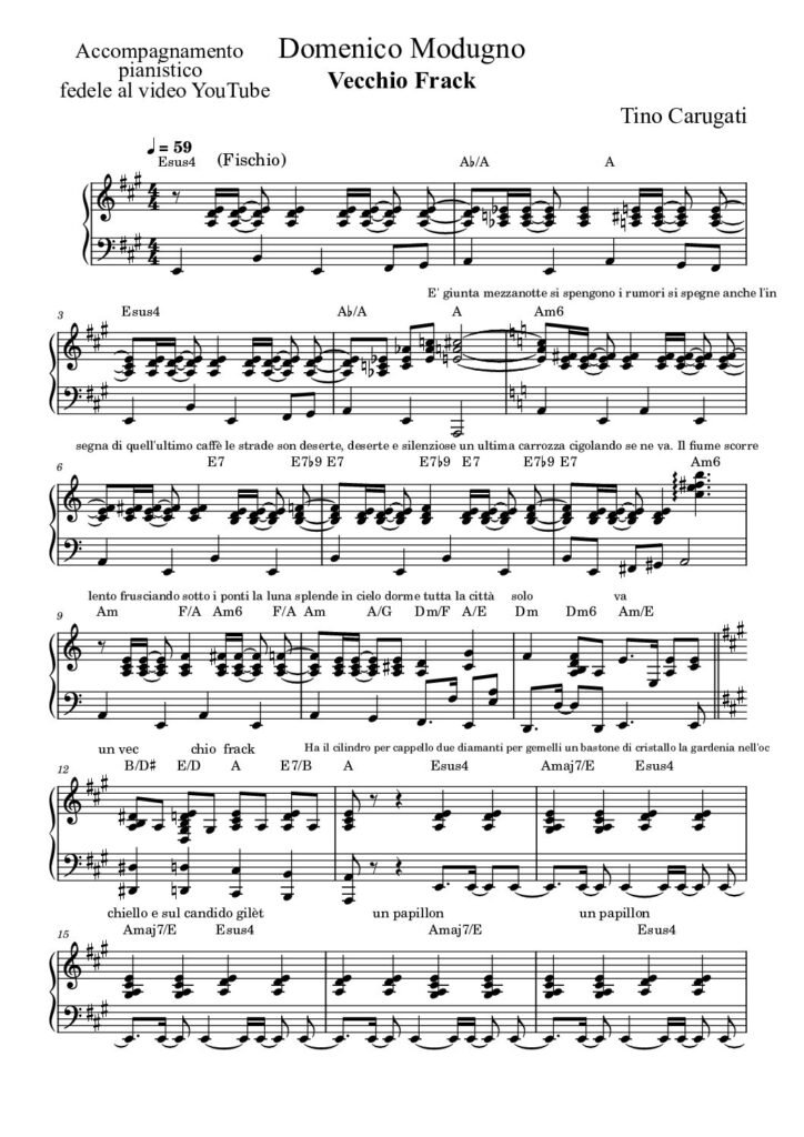 Spartito Pianoforte "VECCHIO FRACK" Domenico Modugno - Accompagnamento pianistico fedele al video YouTube con testo sul pentagramma