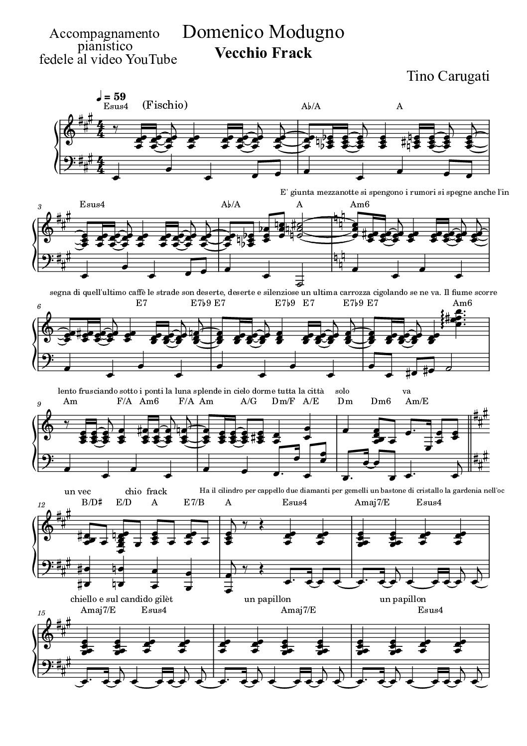 Spartito Pianoforte "VECCHIO FRACK" Domenico Modugno - Accompagnamento pianistico fedele al video YouTube con testo sul pentagramma