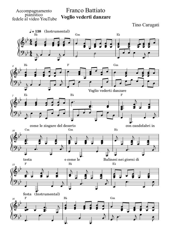 Spartito Pianoforte "VOGLIO VEDERTI DANZARE" Franco Battiato - Accompagnamento pianistico fedele al video YouTube con testo sul pentagramma