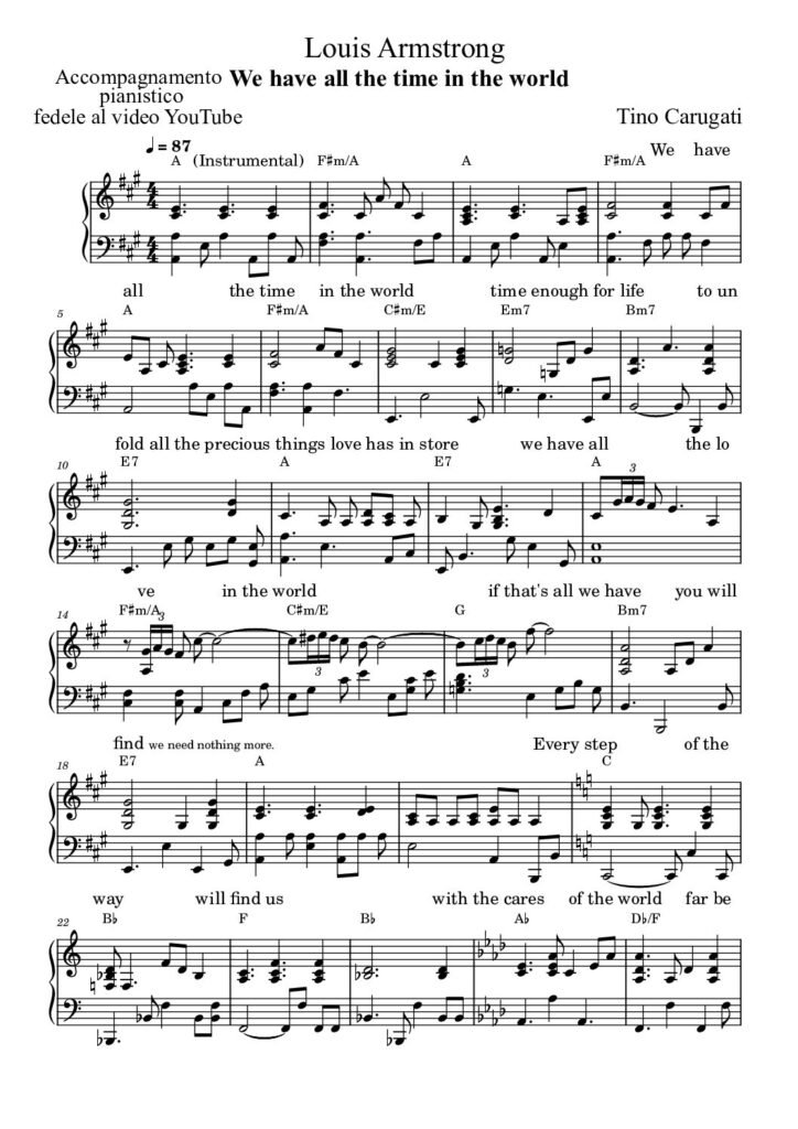 Spartito Pianoforte "WE HAVE ALL THE TIME IN THE WORLD" Louis Armstrong - Accompagnamento pianistico fedele al video YouTube con testo sul pentagramma