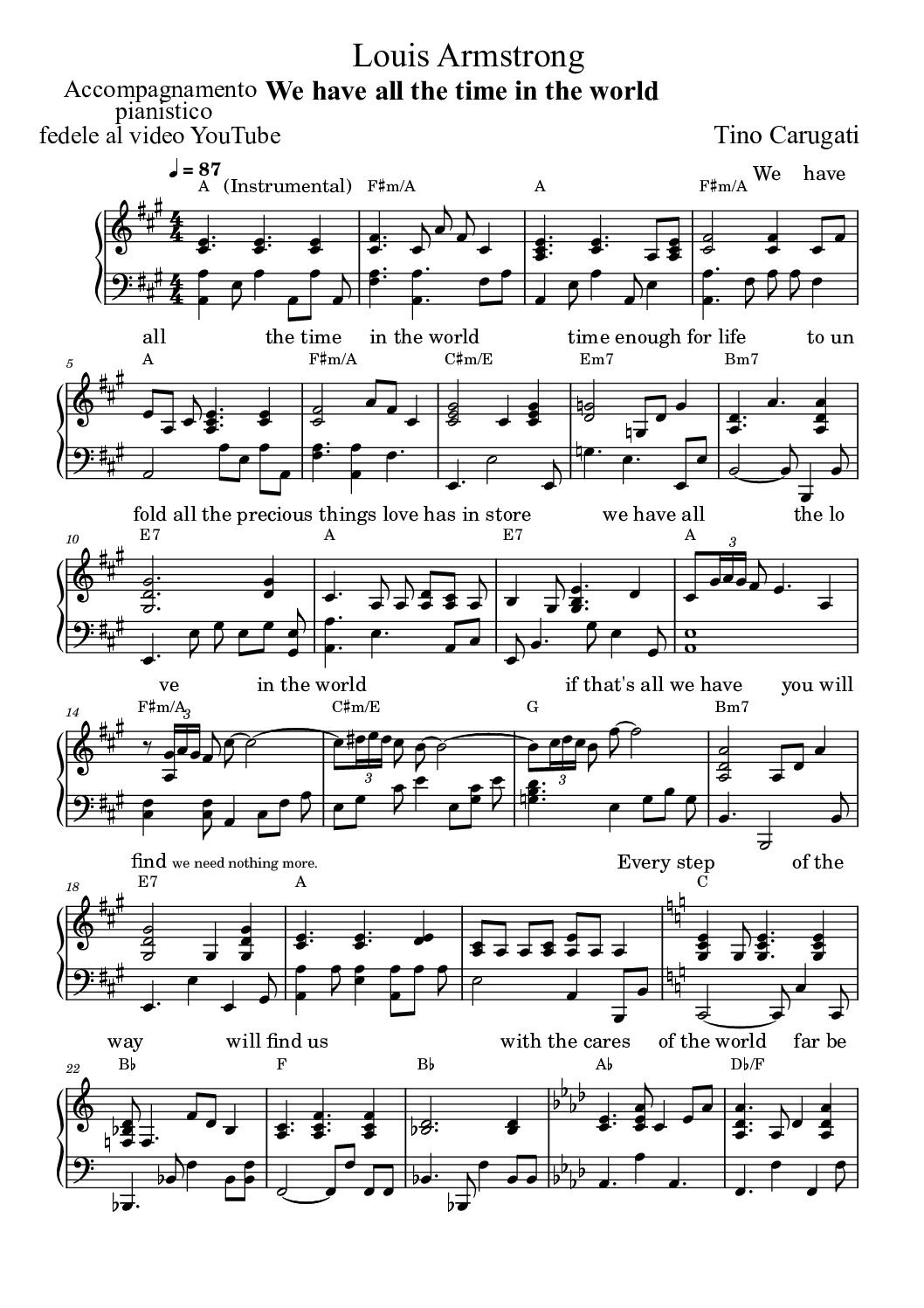 Spartito Pianoforte "WE HAVE ALL THE TIME IN THE WORLD" Louis Armstrong - Accompagnamento pianistico fedele al video YouTube con testo sul pentagramma