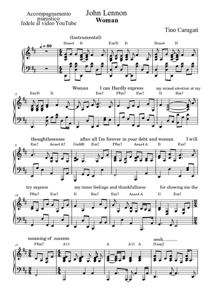 Spartito Pianoforte "WOMAN" John Lennon - Accompagnamento pianistico fedele al video YouTube con testo sul pentagramma