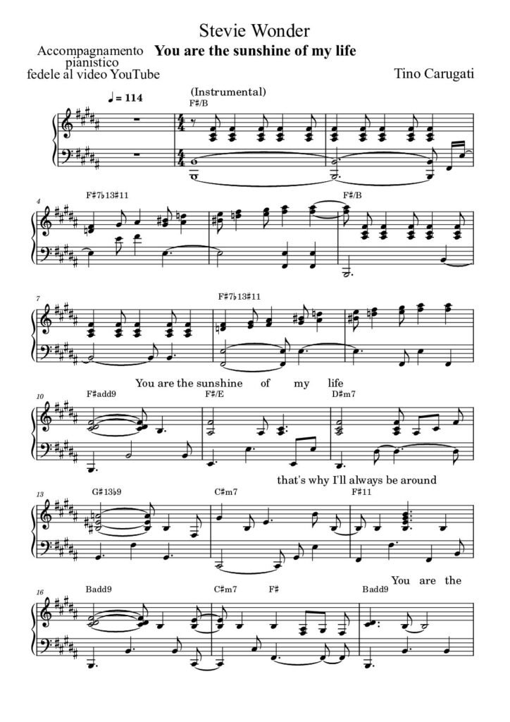 Spartito Pianoforte "YOU ARE THE SUNSHINE OF MY LIFE" Stevie Wonder - Accompagnamento pianistico fedele al video YouTube con testo sul pentagramma