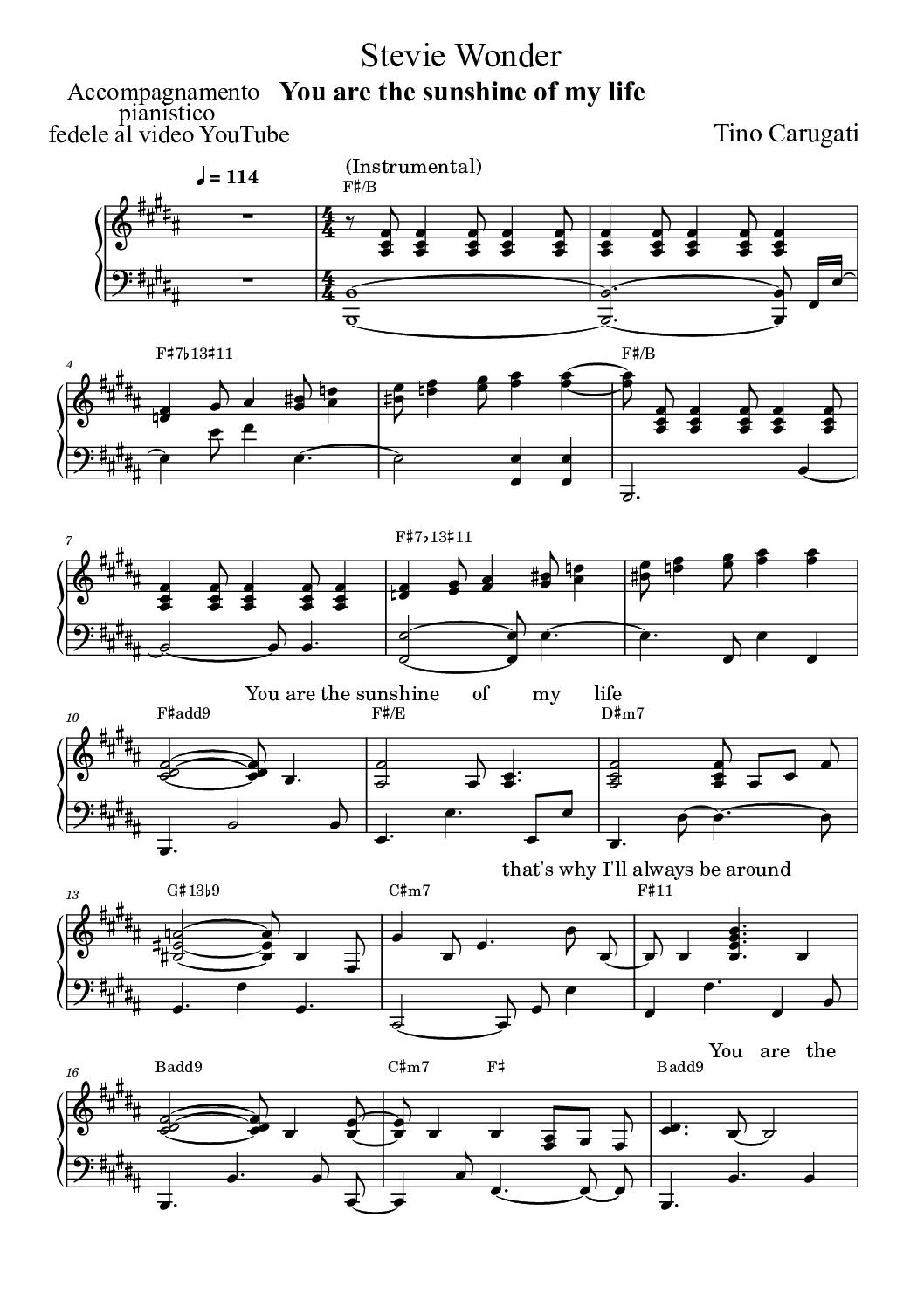 Spartito Pianoforte "YOU ARE THE SUNSHINE OF MY LIFE" Stevie Wonder - Accompagnamento pianistico fedele al video YouTube con testo sul pentagramma