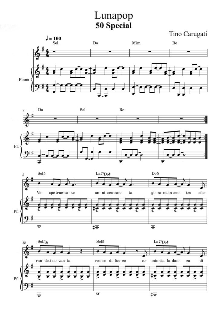 Spartito Pianoforte "50 SPECIAL" Lunapop - Accompagnamento + melodia con testo sillabico sul pentagramma